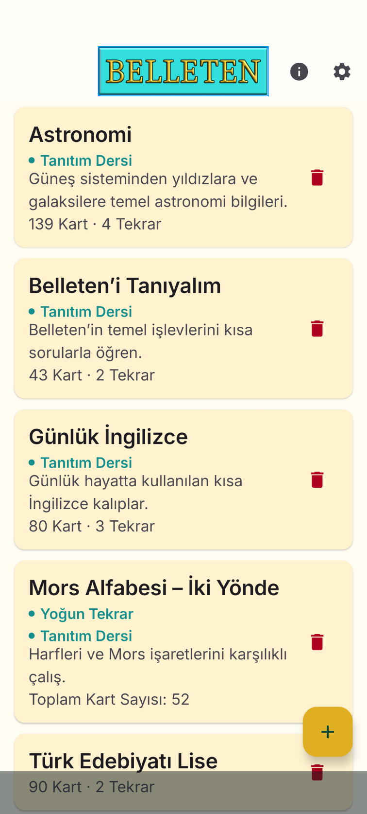 Belleten ana sayfasındaki ders listesi